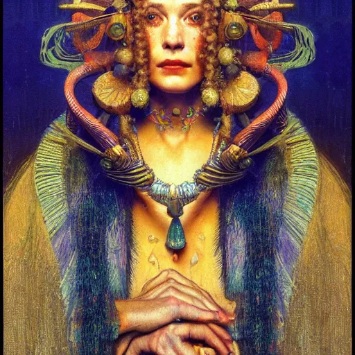 Prompt: baroque portrait of an art deco shaman, reflective detailed textures, highly detailed fantasy science fiction painting by annie swynnerton and jean delville and moebius, norman rockwell and maxfield parrish. rich colors, high contrast. artstation