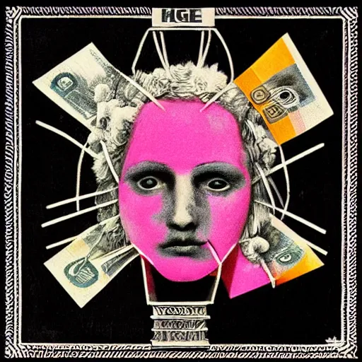 Image similar to post - punk new age album cover, asymmetrical design, frame of a dollar bank notes, capitalism, magic, apocalypse, psychedelic, black white pink, magic, giger h. r., giuseppe arcimboldo