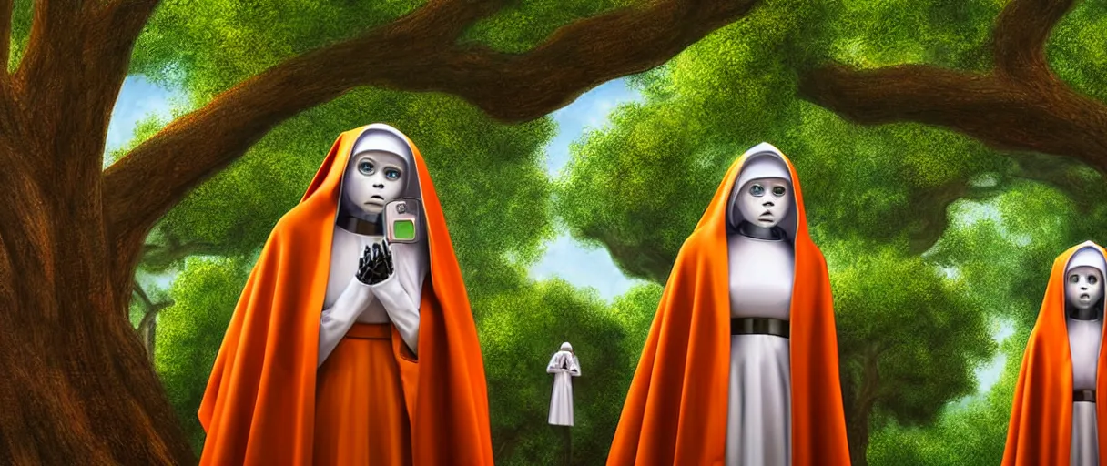 Image similar to hyperrealistic hyper detailed 35mm close-up of robot nuns protecting a giant oak tree matte painting concept art key sage jeff koons very soft orange lighting low angle hd 8k sharp shallow depth of field