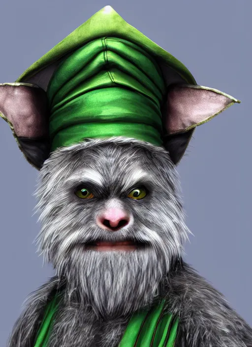 Prompt: a bearded gray humanoid rat with jewelry, green eyes, tricorne hat, green robe, D&D, digital art, realistic, trending on artstation, 4k, sea in the background