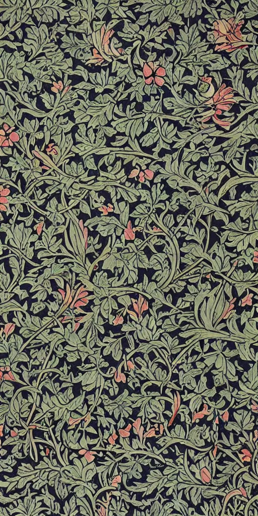 Prompt: a group of cats, happy, beautiful, style of william morris print