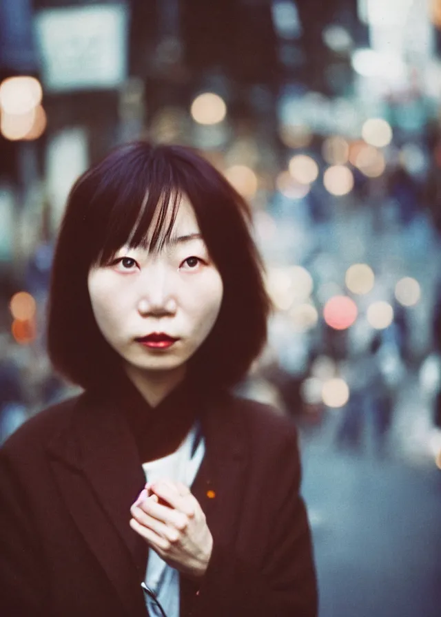 Image similar to a portrait street photograph shot on cinestill 5 0 d of one japanese woman in 9 0 s fashion with modest make up and her hair died to a hazelnut brown, shot in shibuya tokyo on a 3 5 mm at f / 2. 8, print magazine quality, nostalgia, 8 k