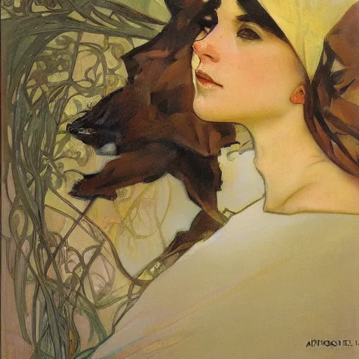 Image similar to an animal portrait of a wolf by alphonse mucha and gregory manchess