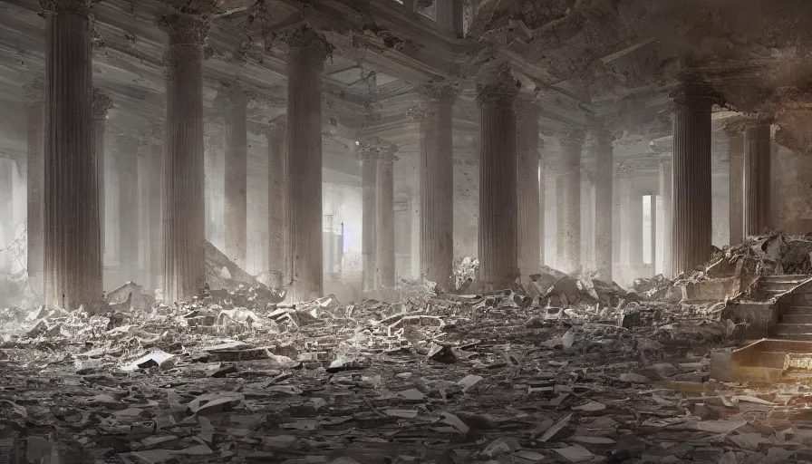 Image similar to interior of the destroyed washington dc's capitol, dust, flying dust particles, dirty ground, hyperdetailed, artstation, cgsociety, 8 k