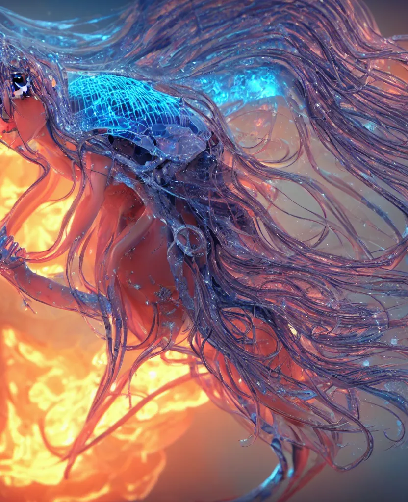 Image similar to close-up macro portrait of the face of a beautiful princess, epic angle and pose, symmetrical artwork, 3d with depth of field, blurred background, cybernetic jellyfish female face skull phoenix bird, translucent, nautilus, energy flows of water and fire. a highly detailed epic cinematic concept art CG render. made in Maya, Blender and Photoshop, octane render, excellent composition, cinematic dystopian brutalist atmosphere, dynamic dramatic cinematic lighting, aesthetic, very inspirational, arthouse. y Greg Rutkowski, Ilya Kuvshinov, WLOP, Stanley Artgerm Lau, Ruan Jia and Fenghua Zhong