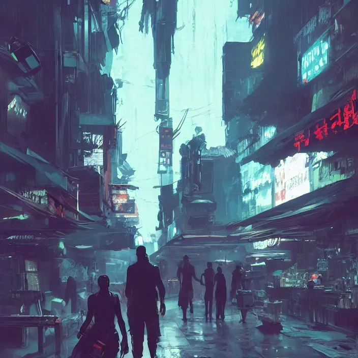 Prompt: noir street scene from cyberpunk thailand of the future, digital art, concept art, by greg rutkowski, by syd mead