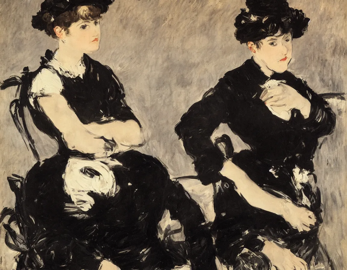 Image similar to edouard manet. a wide portrait of a woman all dressed in black, she is in profile turned her head towards the camera. seated on a dark motorcycle on a highway. there is another motorcycle blurred in the background. unprecise brush strokes. expressive. emotional.