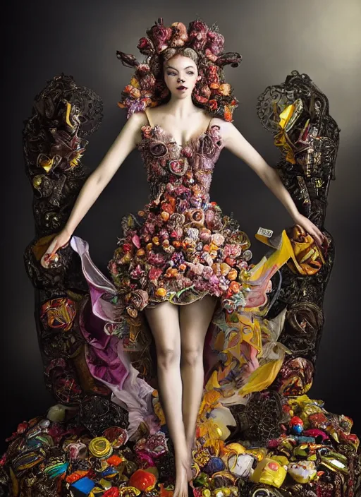 Image similar to expressive full body photo of anya taylor - joy, dress made of sweets and candies, glamour shot, by karol bak, stefan gesell, photorealistic, nikon d 4 x, fashion photography, hyper maximalist, elegant, ornate, luxury, elite, environmental portrait, symmetrical features, octane render, unreal engine, solid dark grey background, dramatic lights