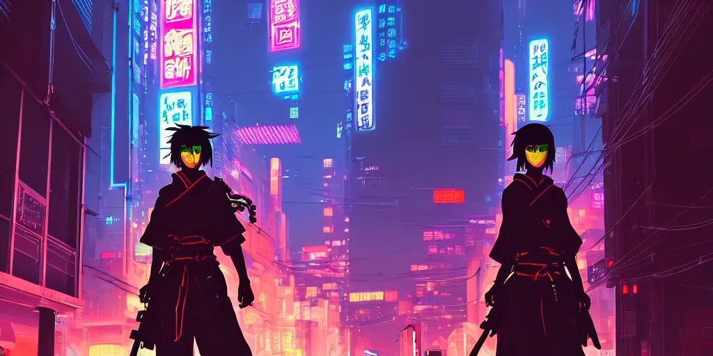 Image similar to digital illustration closeup of cyberpunk samurai in city street at night by makoto shinkai, ilya kuvshinov, lois van baarle, rossdraws, basquiat | afrofuturism, in the style of hearthstone, trending on artstation | cool color scheme