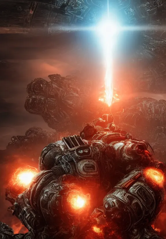 Image similar to Portrait of Donald Trump as god-emperor of humanity in Gears of War, splash art, movie still, cinematic lighting, dramatic, octane render, long lens, shallow depth of field, bokeh, anamorphic lens flare, 8k, hyper detailed, 35mm film grain