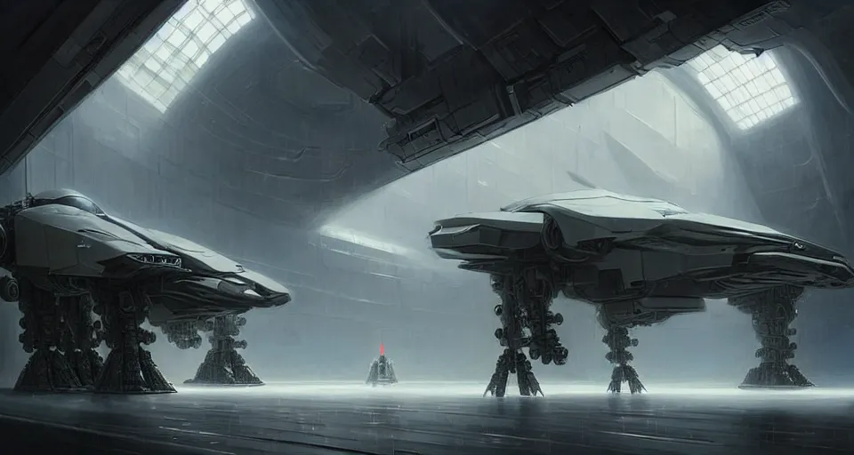 Image similar to hyper realistic sci - fi matte concept art painting of a mecha in a starship hanger, beautiful details, strong composition painted by kim jung guweta studio rutkowski, james gurney and greg rutkowski, and lucasfilm, smooth, intricate, detailed, sharp focus, cinematic