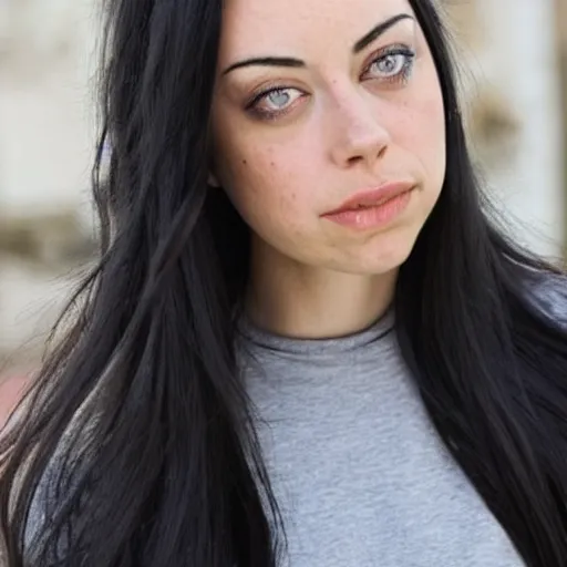 Image similar to a girl with long black hair and a side part, her face is a mix between aubrey plaza, krysten ritter, lucy hale, christina ricci and sarah hyland