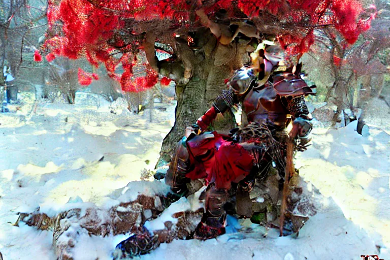 Image similar to winter, a male warrior wearing armor relaxing under a huge tree with red flowers, ground covered with snow, extreme long shot, fantasy, painting by gaston bussiere, craig mullins, j. c. leyendecker, trending on artstation