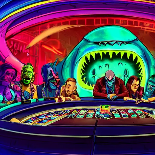 Prompt: Blue toned rainbow colored tropical alien evil shark crocodile gamblers happy colorful full body, centered in frame wide angle clear shot of casino gambling at tables in a steampunk futuristic casino glowing rusty curved walls colorful, feel of ghost in the shell movie, tim burton art influence with heavy hr giger art style, artstation octane render, HD, 8K, Renderman
