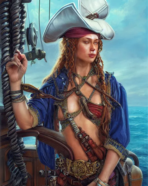 Image similar to female pirate on ship, cover page very intricate | cinematic lighting | award - winning | closeup portrait | by donato giancola and mandy jurgens and charlie bowater | featured on artstation