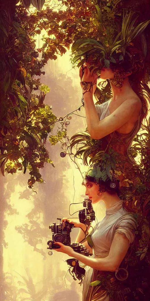 Image similar to hyper realistic photographer looking through a vintage medium format camera, design on white background, beautiful details, lush foliage cyberpunk, gold, drawn by john singer sargent, tom bagshaw, norman rockwell, alphonso mucha, lolish, trending on artstation