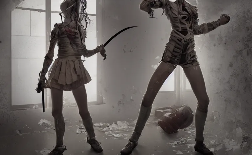 Image similar to School girl holding a katana and standing on an abandoned hospital room,horror sccene, hyperrealistic mixed media, stunning 3d render inspired art by P. Craig Russell and Barry Windsor-Smith + perfect facial symmetry + dim volumetric lighting, 8k octane beautifully detailed render, post-processing, extremely hyperdetailed, intricate futuristic mechanic parts, epic composition, grim yet sparkling atmosphere, cinematic lighting + masterpiece, trending on artstation