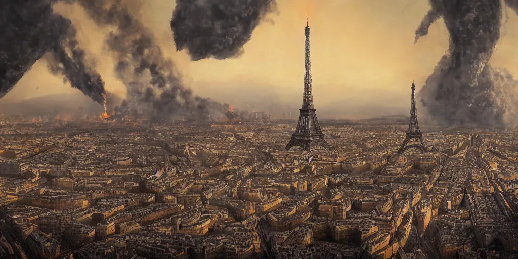 Image similar to the eifel tower gets hit by an asteroid, multiple asteroids are in the air, paris in the background is burning, apocalyptic, highly detailed, 4 k, digital paintin, sharp focus, tending on artstation