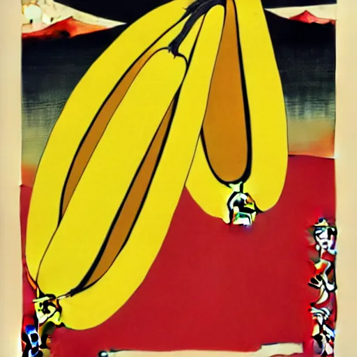 Prompt: propaganda poster of an abstract high resolution map of a banana Ukiyo-e style, HD