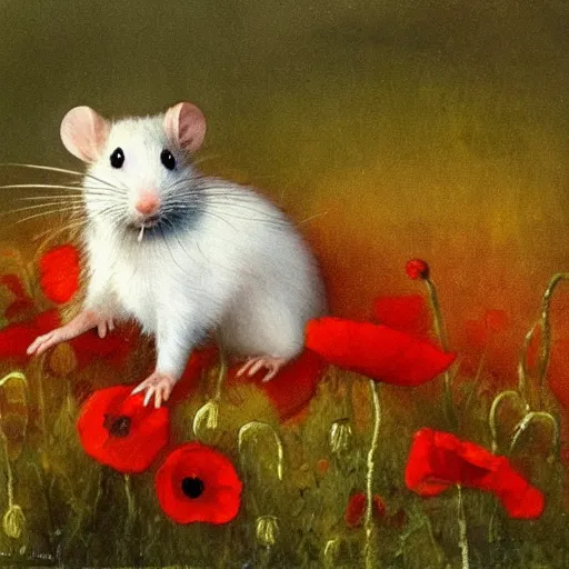 Image similar to a masterpiece painting by alfred mucha : a small white rat taking the sun in a poppy field with a red sunset in the background