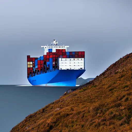 Prompt: Container ship on top of a mountain