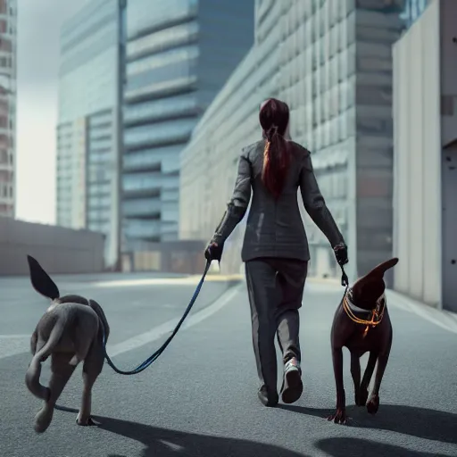 Image similar to Full lenght view contamporary art photography of ultra mega super hyper realistic girl walking with a dog . Photo on Leica Q2 Camera, Rendered in VRAY and DaVinci Resolve and MAXWELL and LUMION 3D, Volumetric natural light. Wearing cyberpunk suit with many details by Hiromasa Ogura .Rendered in VRAY and DaVinci Resolve and MAXWELL and LUMION 3D, Volumetric natural light