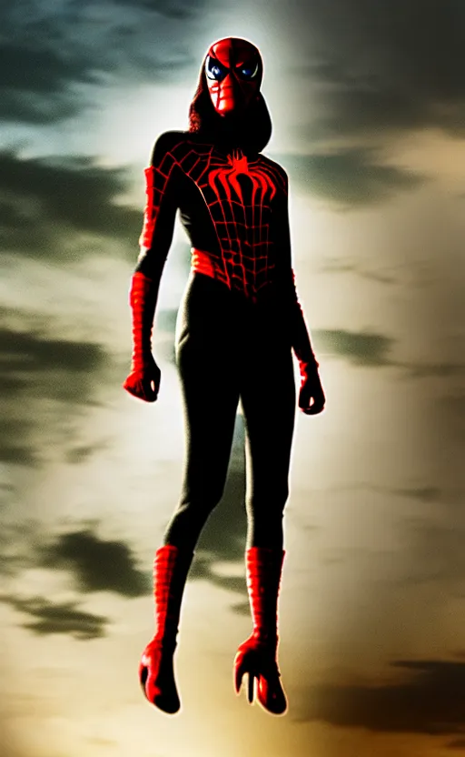 Image similar to film still of Spiderwoman standing heroic ,post apocalyptic, symmetrical