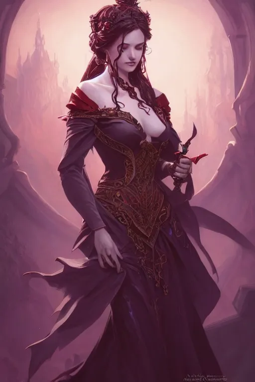 Image similar to beautiful vampire female princess, full body shot, messy bun, d & d, fantasy, intricate, elegant, highly detailed, digital painting, artstation, concept art, matte, sharp focus, illustration, hearthstone, art by artgerm and greg rutkowski and alphonse mucha