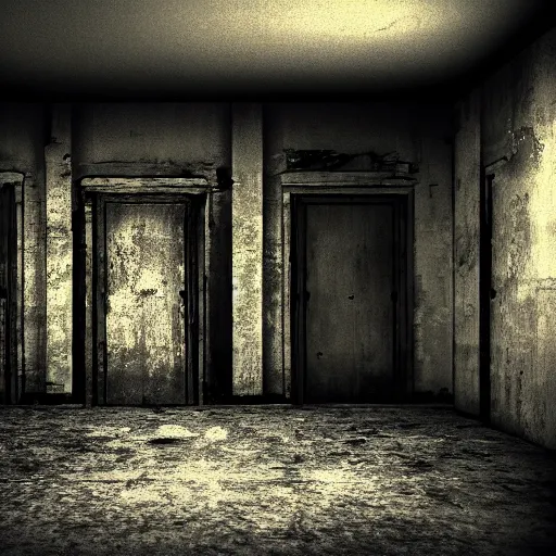 Image similar to an empty backroom at night, dark and scary atmosphere, yellow hue, photorealistic, dark ambient