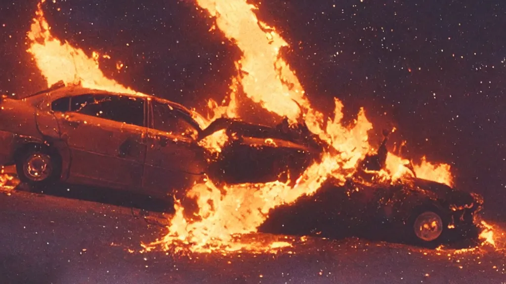 Prompt: movie still of a burning car in outer space