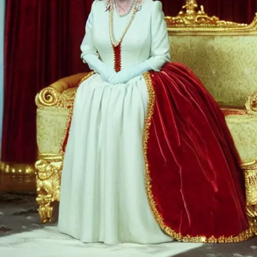 Image similar to queen elizabeth in a red velvet cake costume