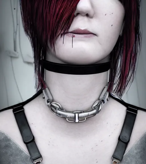 Image similar to detailed realistic female character cyberpunk wearing thick steel collar around neck, realistic, art, beautiful, 4K, collar, choker, collar around neck, punk, artstation, detailed, female, woman, choker, cyberpunk, neon, punk, collar, choker, collar around neck, thick collar, tight around neck, punk,