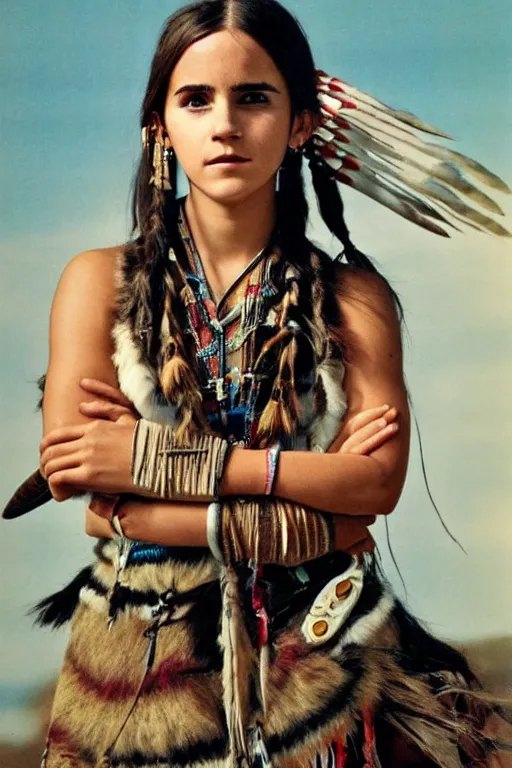 Image similar to Photo of Native American indian woman Emma Watson, portrait, skilled warrior of the Apache, ancient, realistic, detailed, Emma Watson