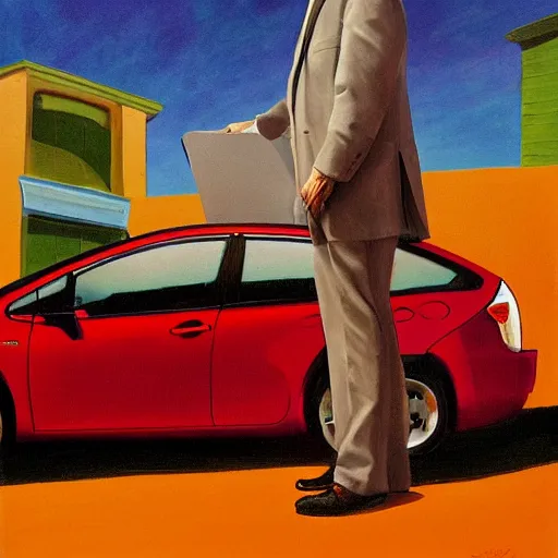 Prompt: larry david standing on roof of 2009 prius, worhol painting, painting