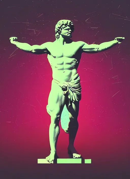 Image similar to statue of victorious hercules, beeple, vaporwave, retrowave, tonal separation, black background, glitch, pixel sorting, strong contrast, pinterest, trending on artstation