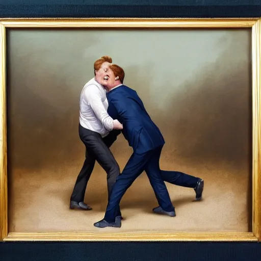 Prompt: conan o'brien and andy richter wrestling, by tom bagshaw, oil on canvas