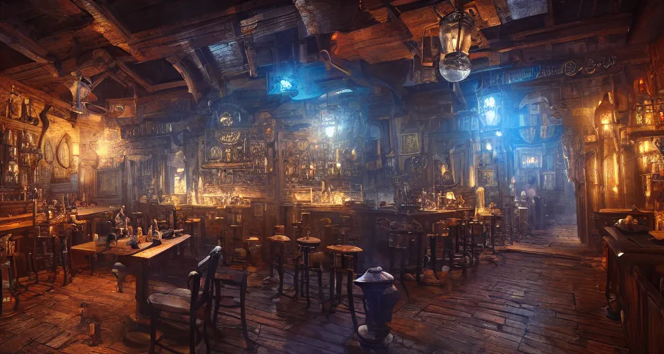 Image similar to alchemy tavern, hyperdetailed, artstation, cgsociety, golden hour 8 k, volumetric lighting, hard blue light