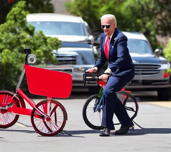 Prompt: Joe Biden riding a comically small red tricycle