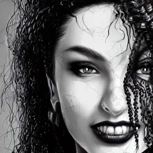 Image similar to medusa portrait painting, black and white,, wicked smile, artstation, detailed, blurred background