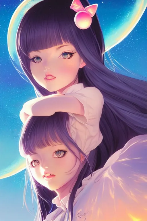 Image similar to bubbly lovely hopefully magical girl flying to the sun set with her kitty, occlusion shadow, specular reflection, rim light, unreal engine, artgerm, artstation, art by hiroaki samura and ilya kuvshinov and ossdraws, high quality, intricate detailed 8 k, fantasy illustration, extremely beautiful and aesthetic shape of face and body, movie poster