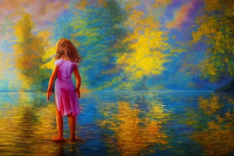 Prompt: girl, fantasy, painting, chrome, reflect, ultra realistic!!!, clear weather, golden hour, sharp focus