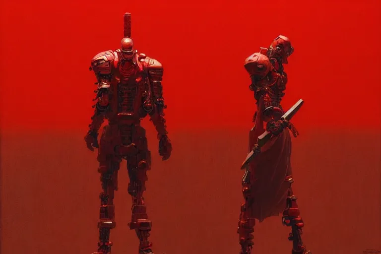 Image similar to only with red, a red cyborg samurai, tokio futuristic in background, some evil yokai, in the style of beksinski, parts by edward hopper, parts by rodcenko, parts by yue minjun, intricate and epic composition, red by caravaggio, insanely quality, highly detailed, masterpiece, red light, artstation, 4 k