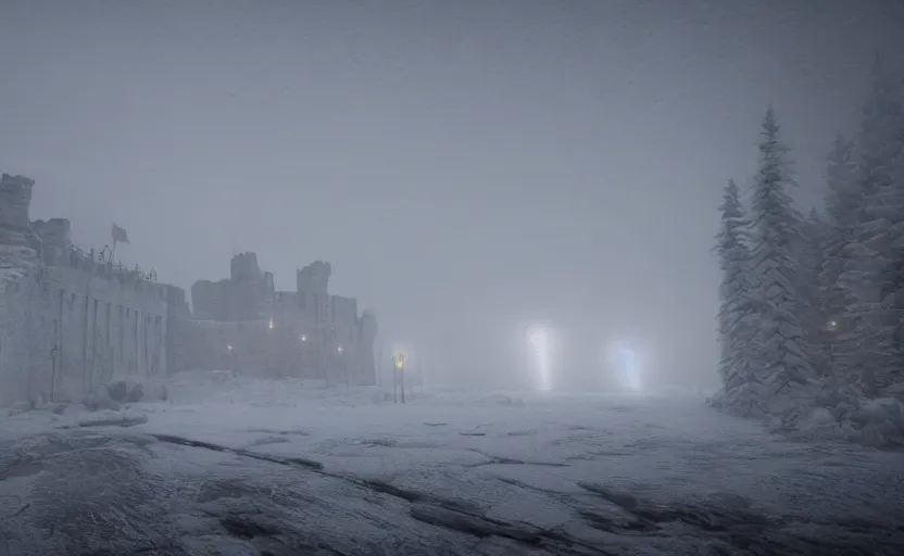 Prompt: King's Landing in the snowstorm at night, doomy, Unreal Engine, cinematic photography, highly-detailed, games of thrones, HBO, high resolution, 8k, photorealistic, stunning volumetric lighting