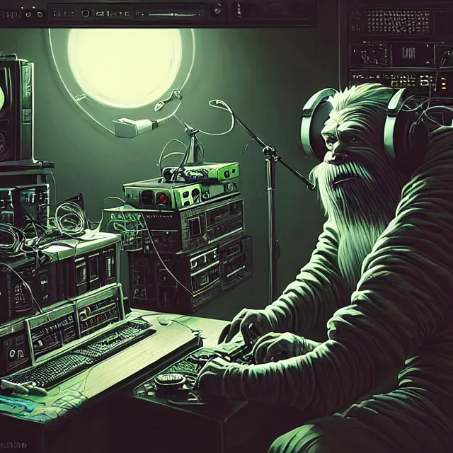 Image similar to a portrait of an anthropomorphic cyberpunk yeti podcasting while working in his secret electronics lab, detailed render, tape deck, hanging microphone, boombox, headphones, epic composition, cybernetics, 4 k realistic, cryengine, realistic shaded lighting, sharp focus, masterpiece, by matteo scalera, gary montalbano, peter elson in the style of the tokyo ghost comic