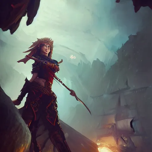 Prompt: a beautiful painting of an epic fantasy style female pirate elf, ship backdrop, oil painting, Tooth Wu, Greg Rutkowski, RPG portrait, dynamic lighting, fantasy art, High contrast, depth of field