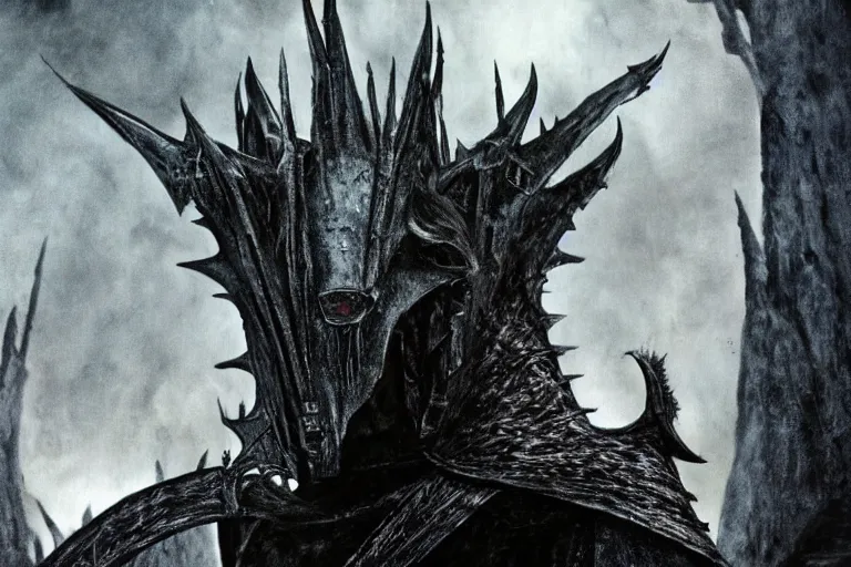 Image similar to the witch king of angmar in the style of h. r. giger, photorealistic movie still from the lord of the rings directed by ridley scott, battle in the background, cinematic