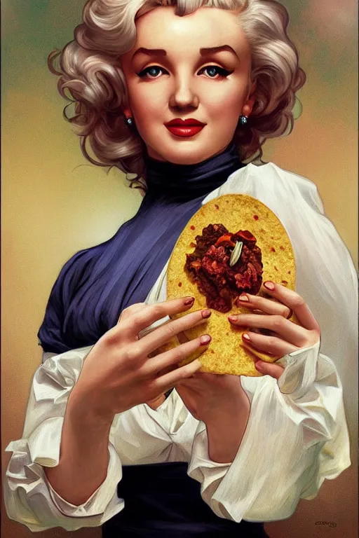 Image similar to beautiful cottagecore Marylin Monroe holding a taco. intricate, elegant. highly detailed, digital painting, artstation, concept art, smooth, sharp, focus, illustration. . art by artgerm and greg rutkowski and alphonse mucha