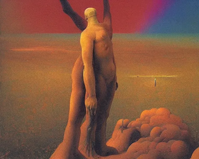 Image similar to praying to ancient gods of transitioning by beksinski, carrington, bosch, dali, barlowe, magritte, pagan bright multirainbow colors