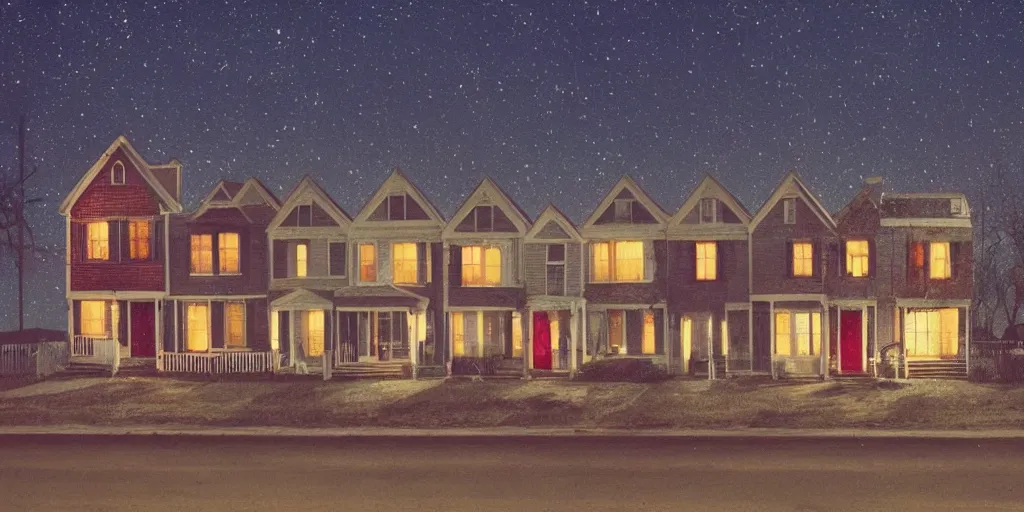 Prompt: small suburban houses in America at night by Wes Anderson, fantasy, imagination, cinematic