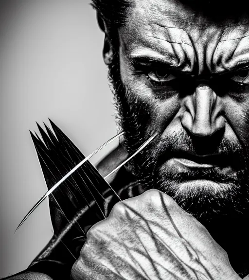 Prompt: wolverine in pain and anger deep dark backlit night technoir cinematic monochromatic portrait photo by Leica Zeiss in detailed depth of field lens flare trending on Flickr realistic hd by frank Miller